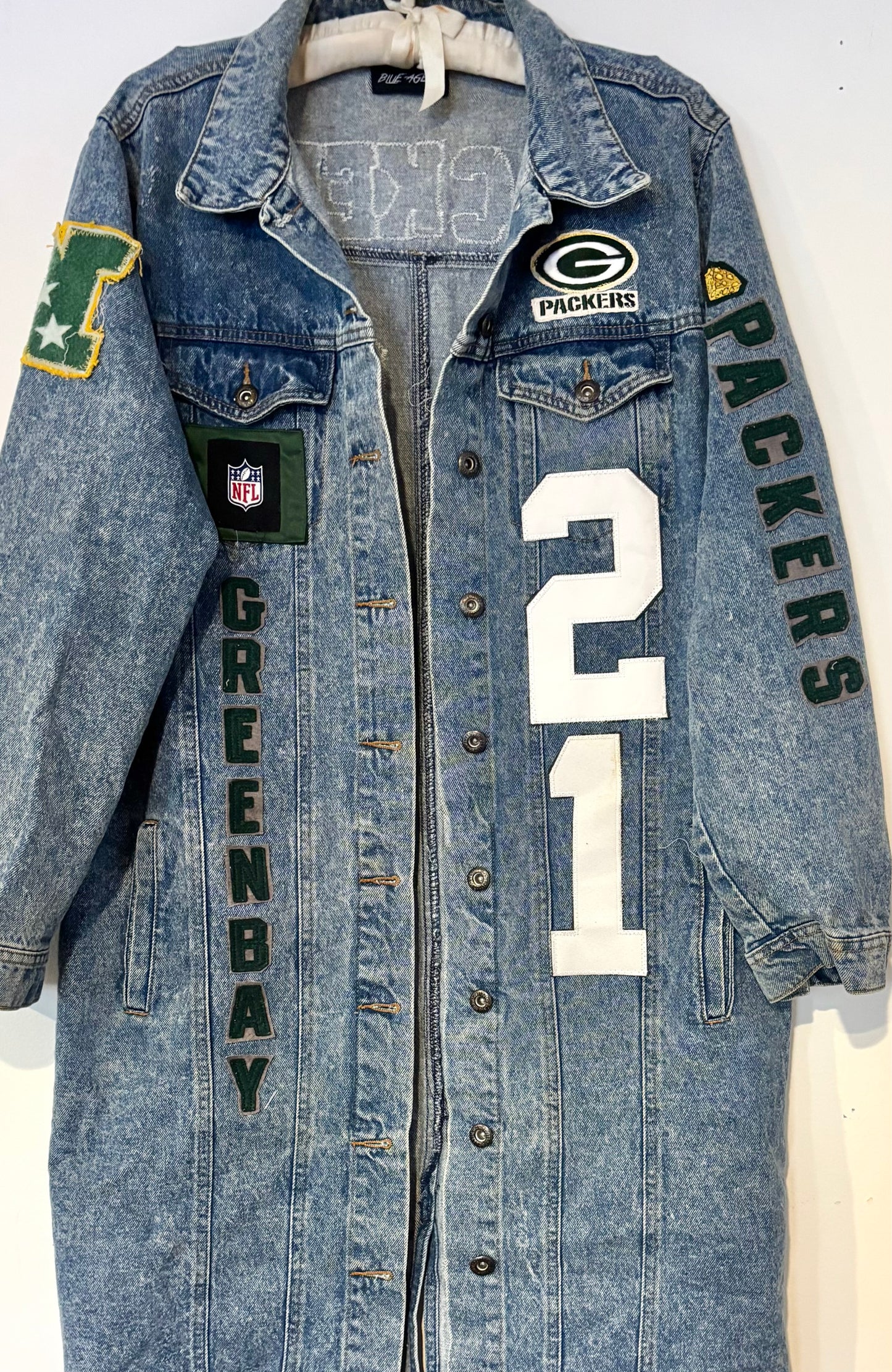 Reworked Packers Retro Game Day Acid Washed Denim Duster Coat