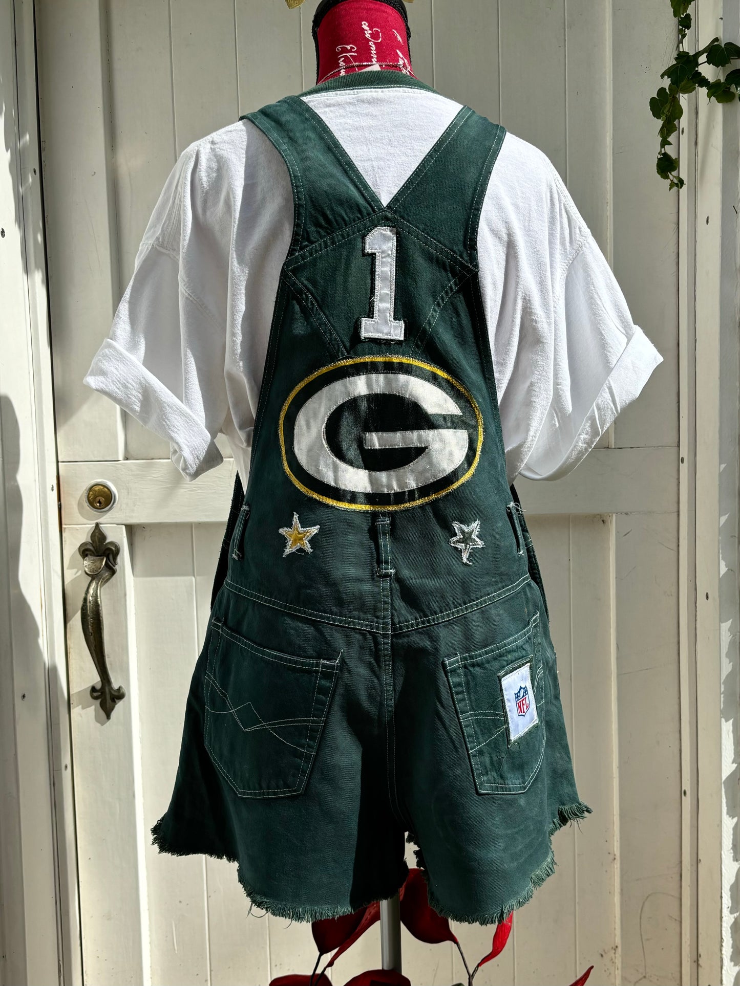 Reworked retro denim GameDay Bib Overall Cutoffs