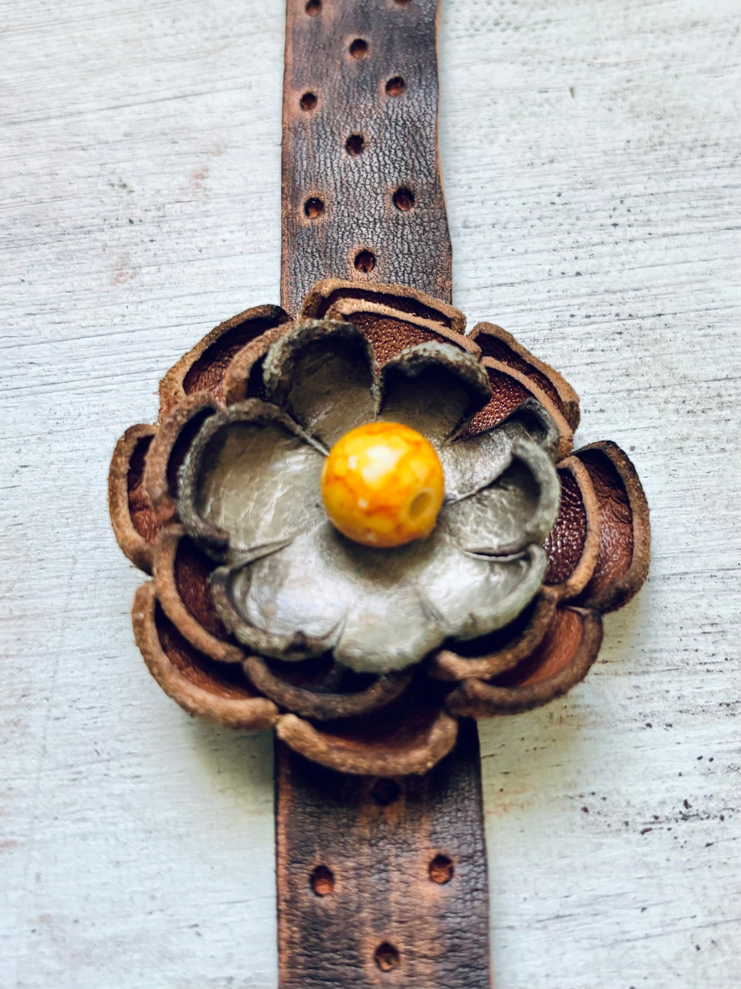 Handmade Distressed Leather Flower Bracelet