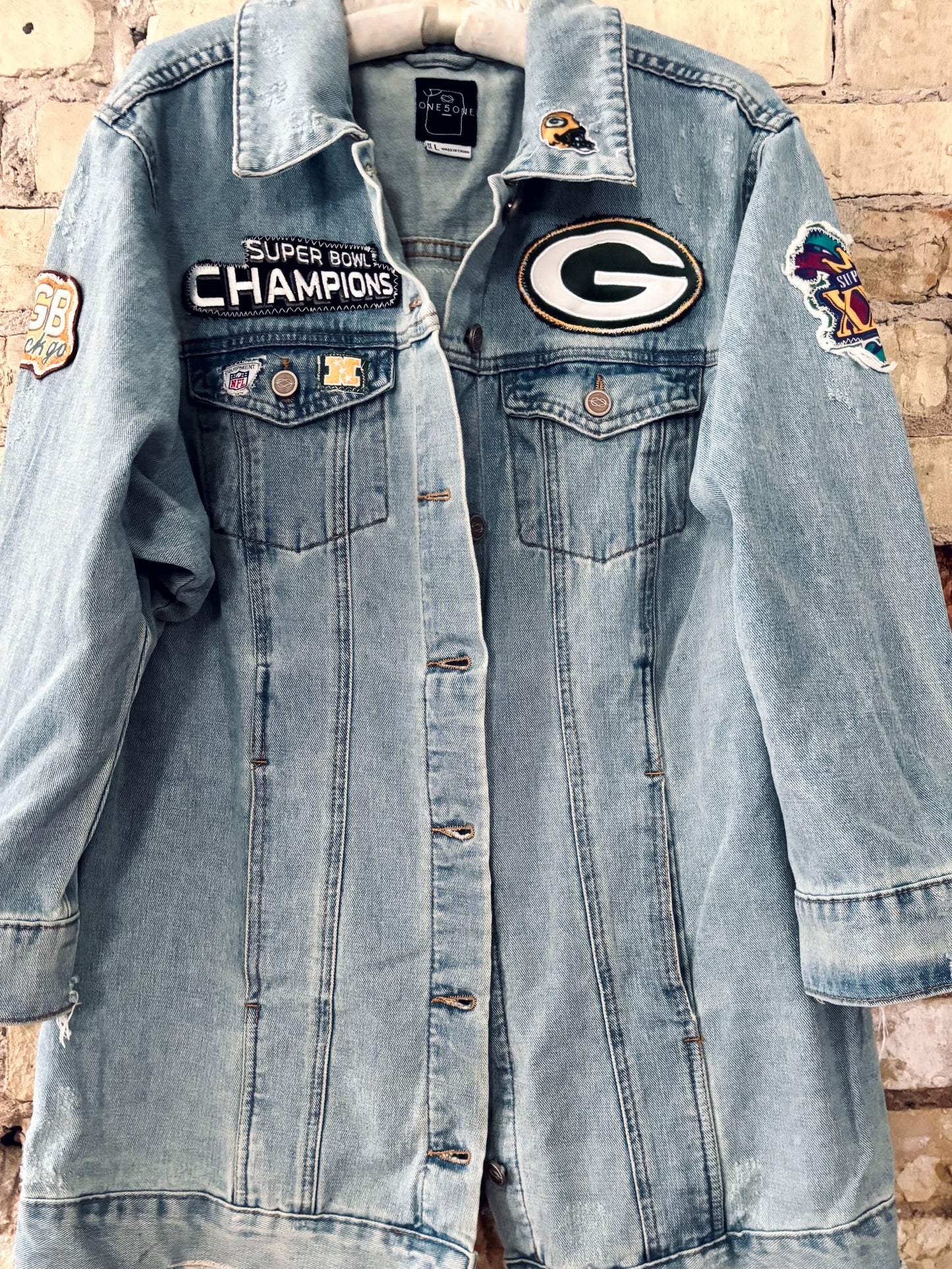 Reworked Packers long Retro Game Day Denim Jean Jacket