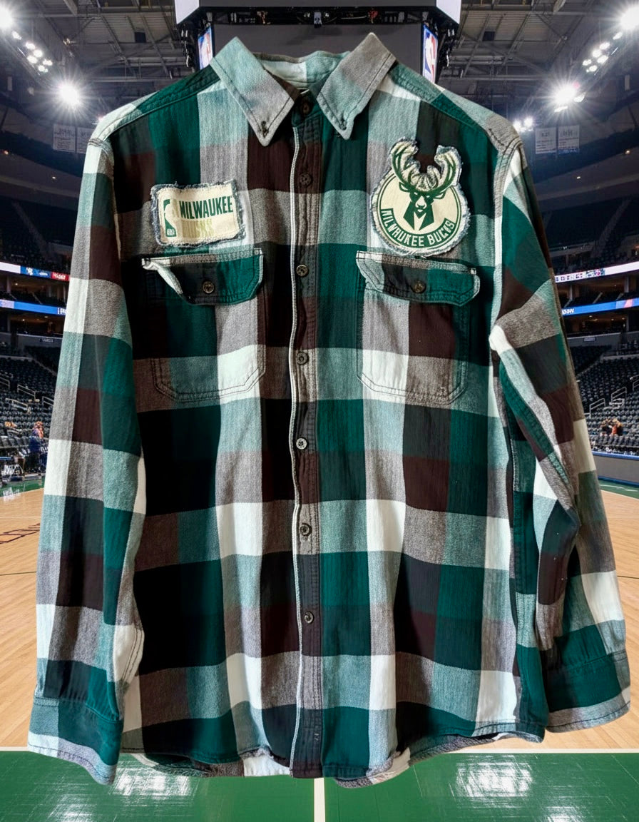 Reworked Bucks Distressed Game Day Flannel Shirt