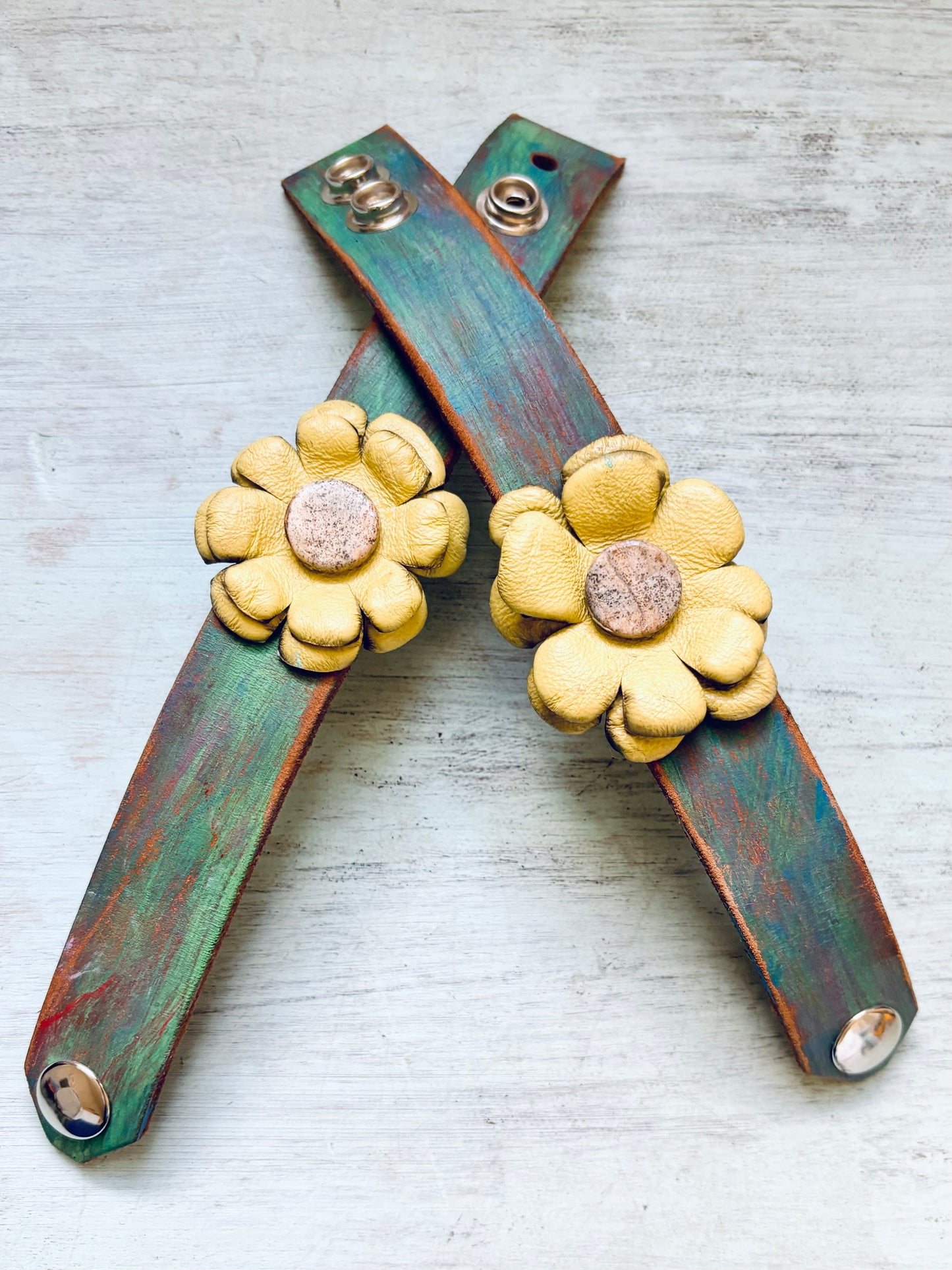 Handmade reworked Leather Flower Bracelet