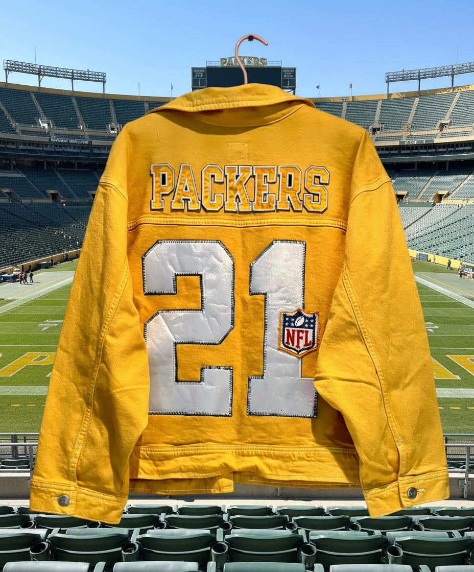 Reworked over dyed Packers Game day Denim Jean jacket