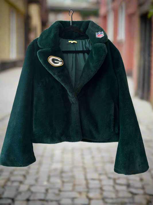 Reworked Emerald Green Faux Fur Game day Jacket Coat