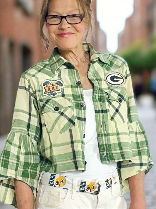 Reworked Packers cropped Game Day Flannel Shirt