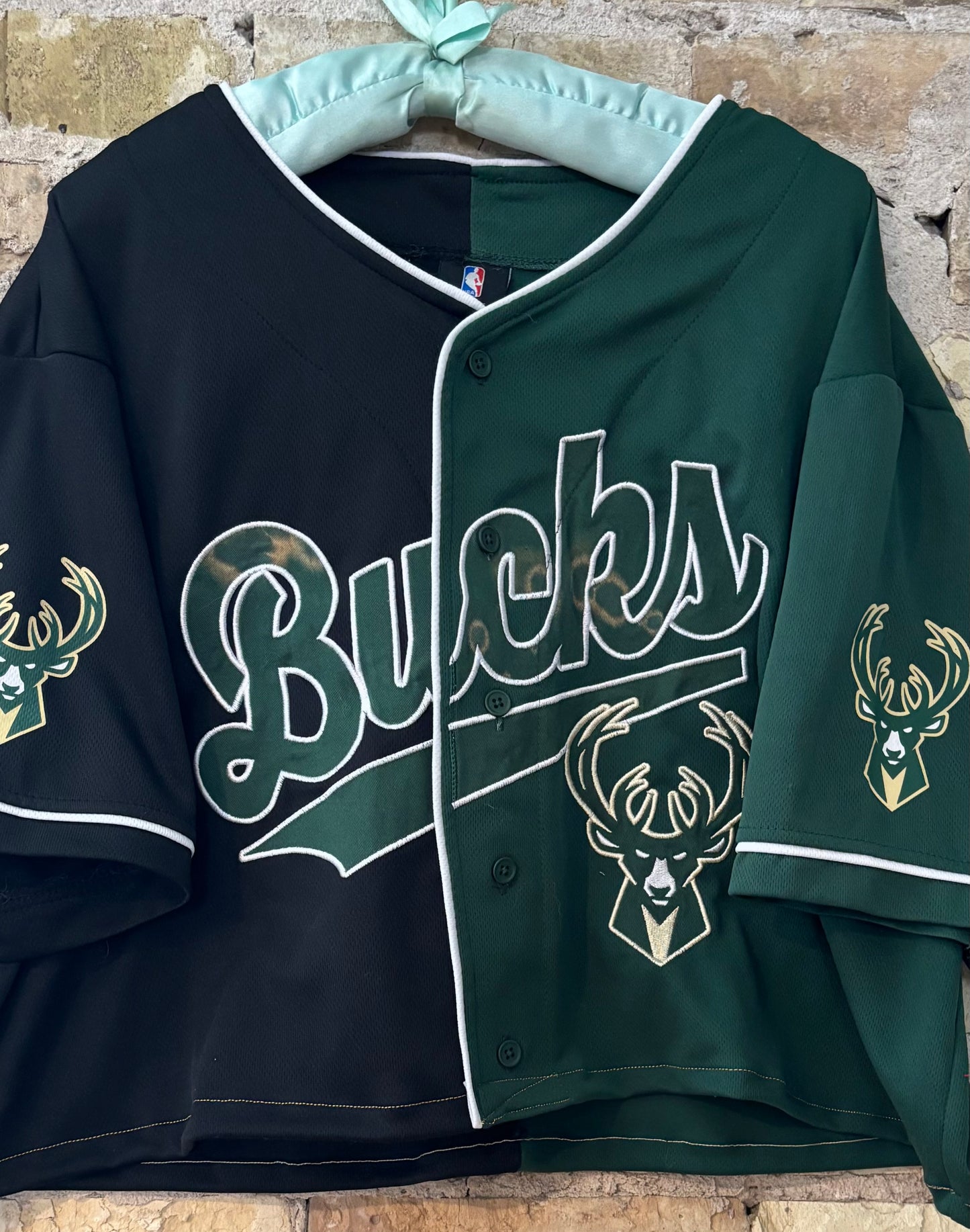 Milwaukee Bucks Button Up Spliced  Cropped Baseball Jersey