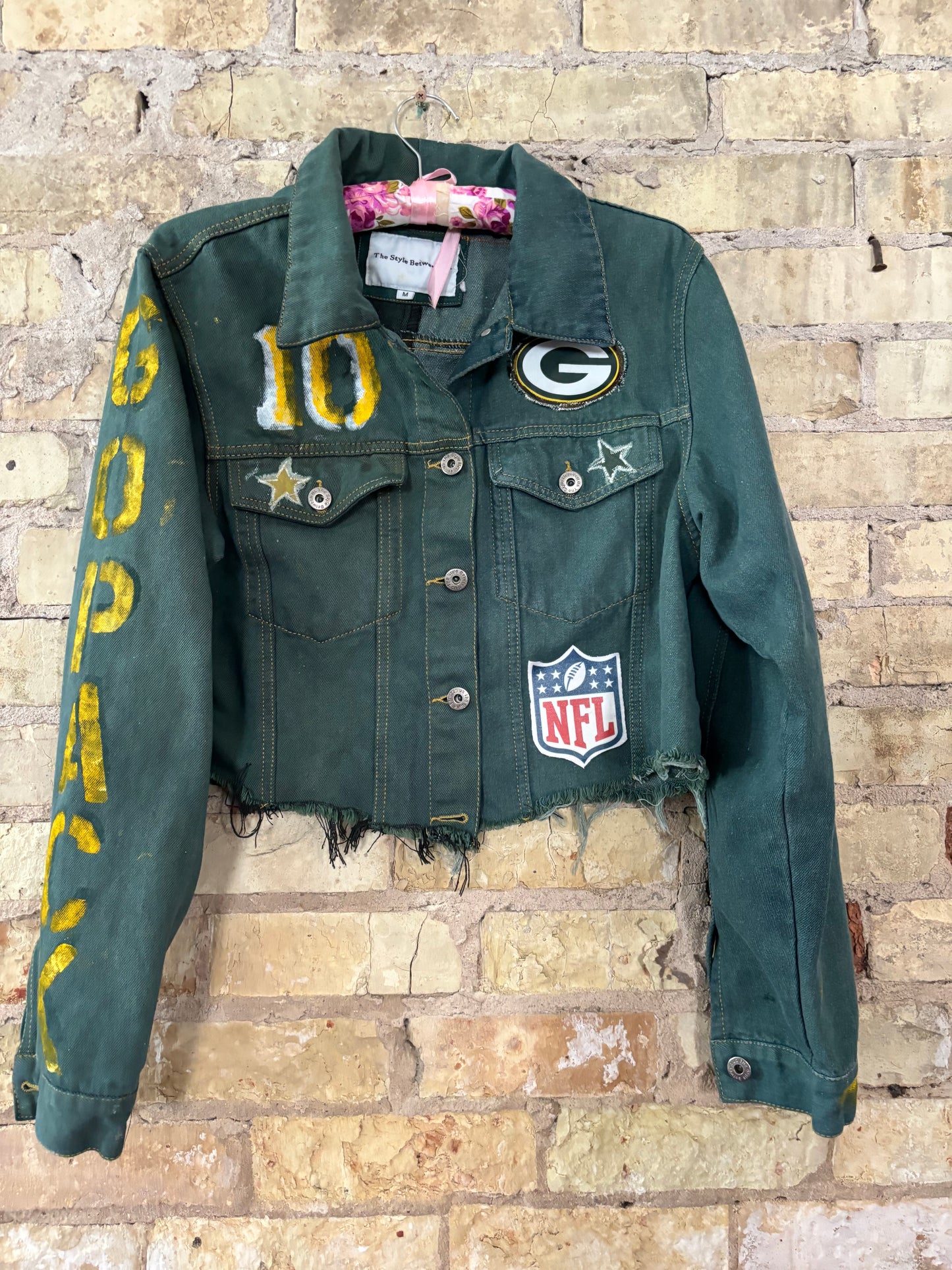 Reworked Spliced Denim Packers Game Day Jacket