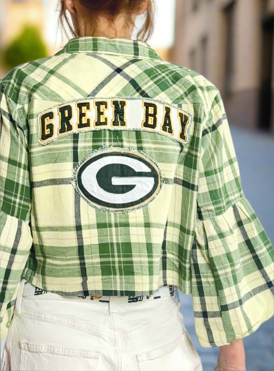 Reworked Packers cropped Game Day Flannel Shirt