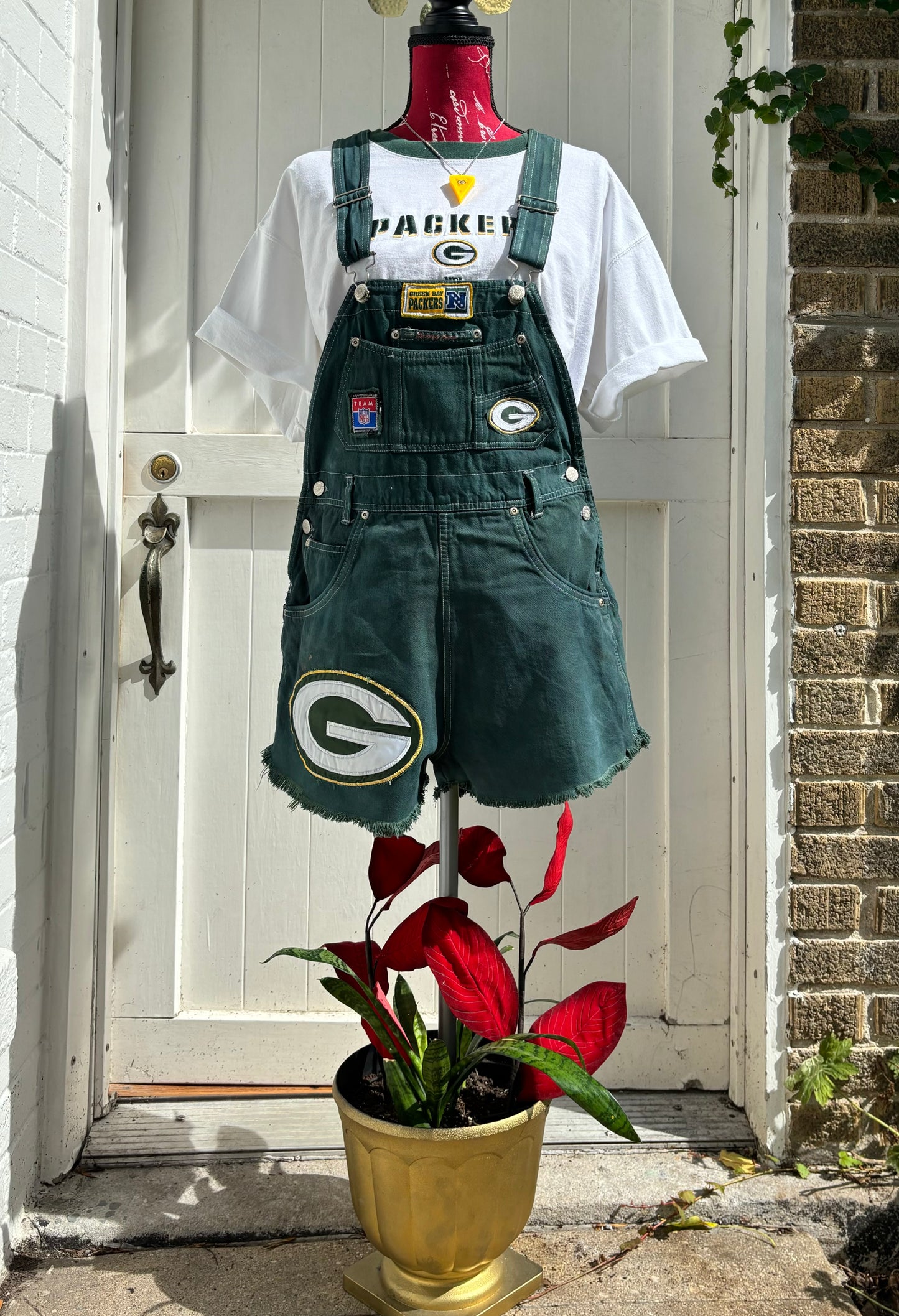 Reworked retro denim GameDay Bib Overall Cutoffs