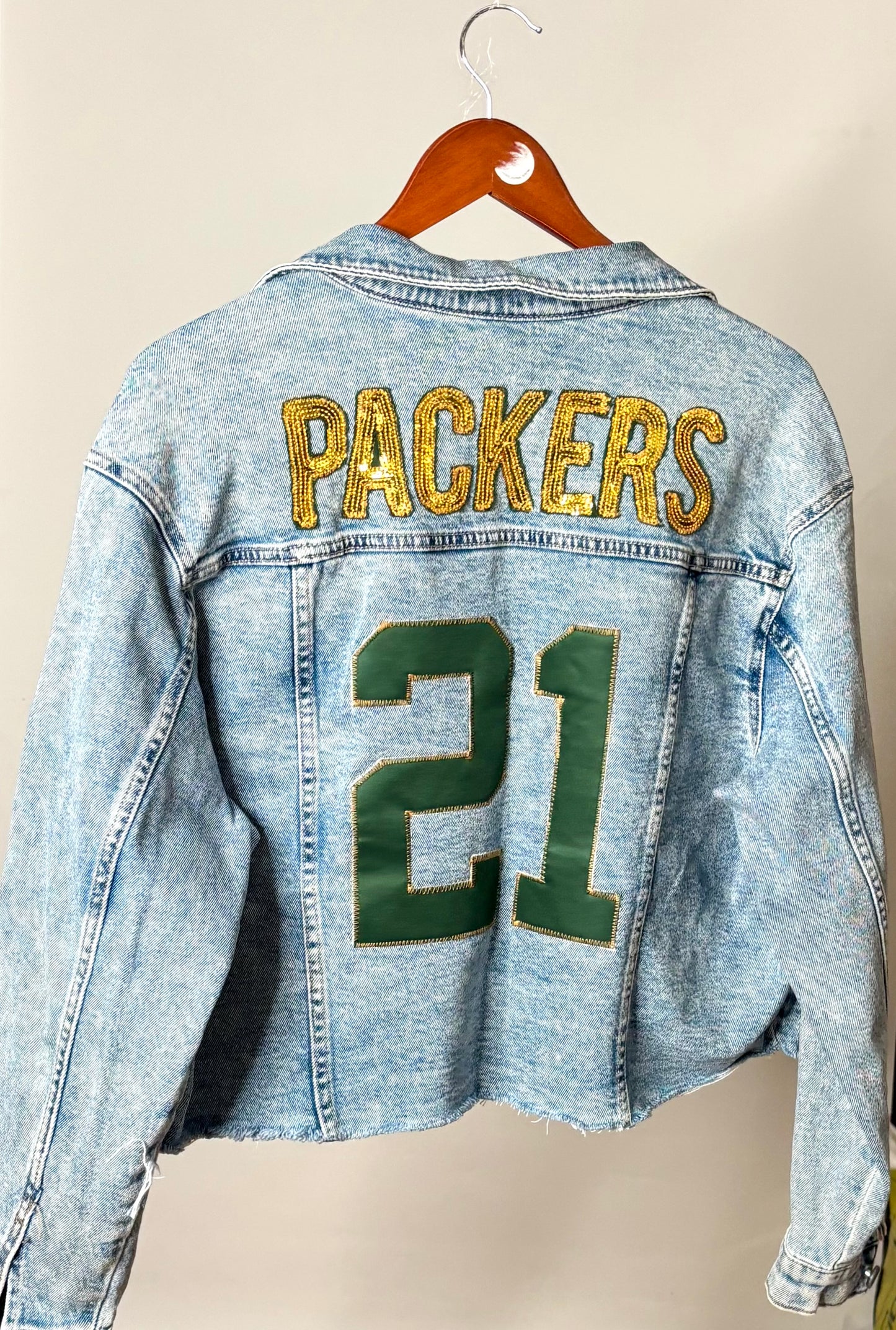 Distressed Game Day Cropped Denim Jean Jacket