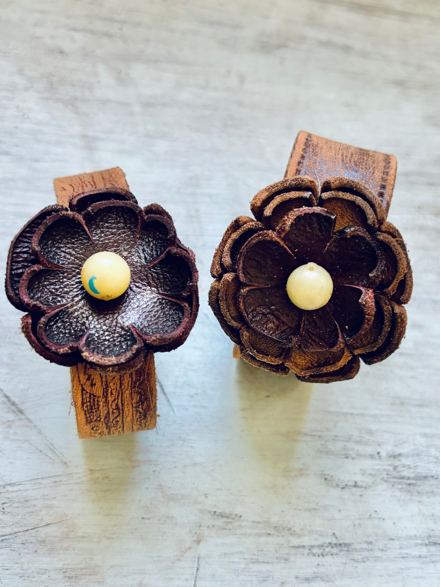 Handmade Distressed Leather Flower Bracelet