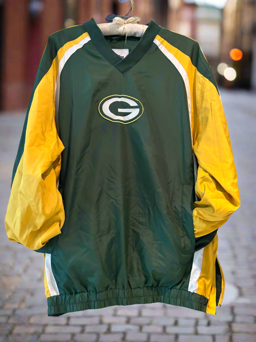 Vintage Green Bay Packers embroidered Color Block V Neck Windbreaker Pullover