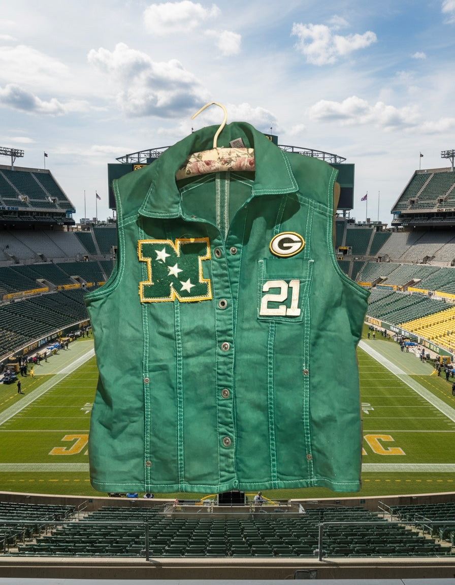 Reworked Packers over dyed Game Day Denim Jean Vest