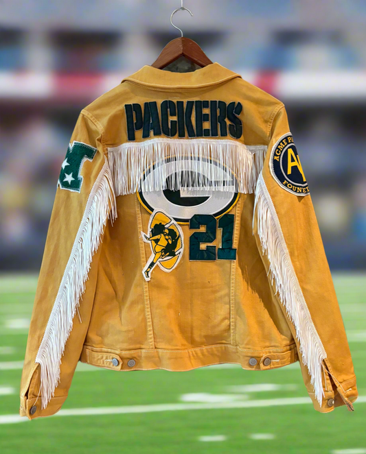 Reworked Packers Game Day Denim Jean Jacket with Fringe