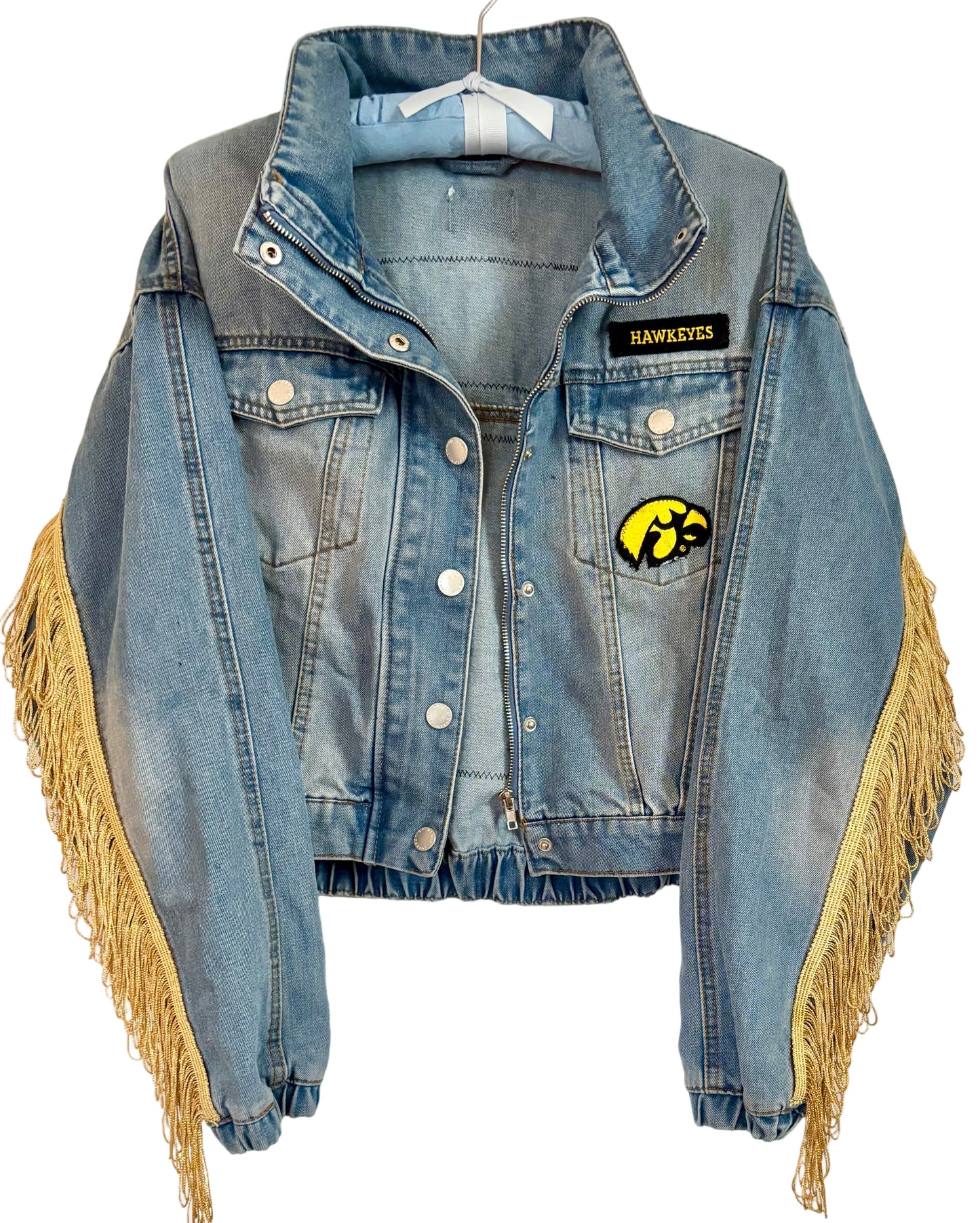 Reworked Distressed Iowa Game Day Denim Jean Jacket with Fringe