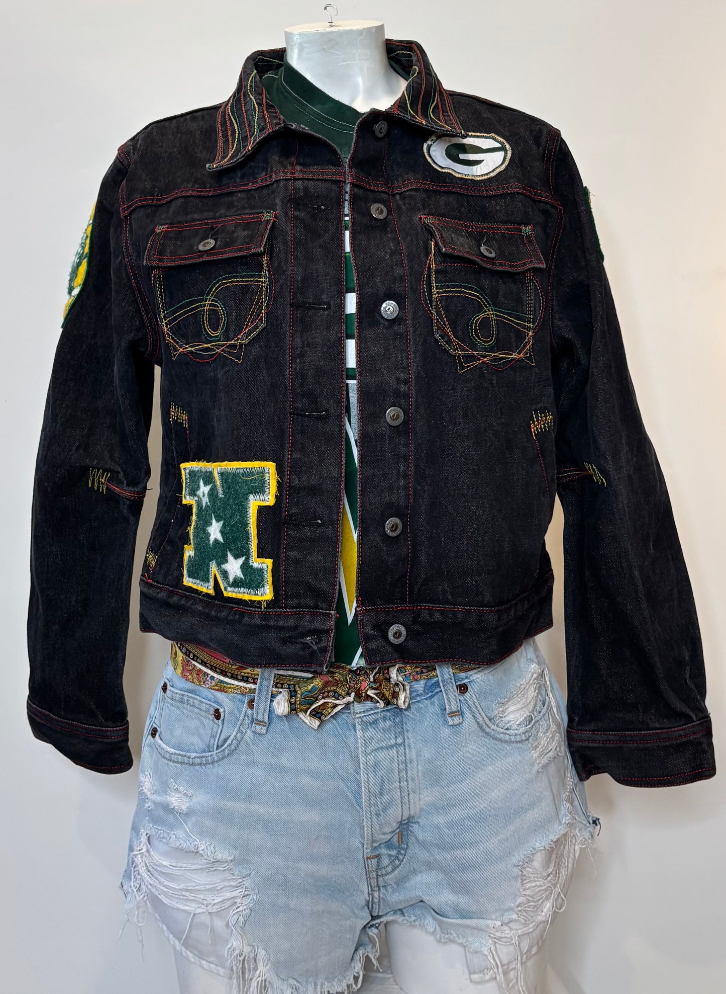 Retro Black Color Stitched Game Day  Denim Jean Jacket