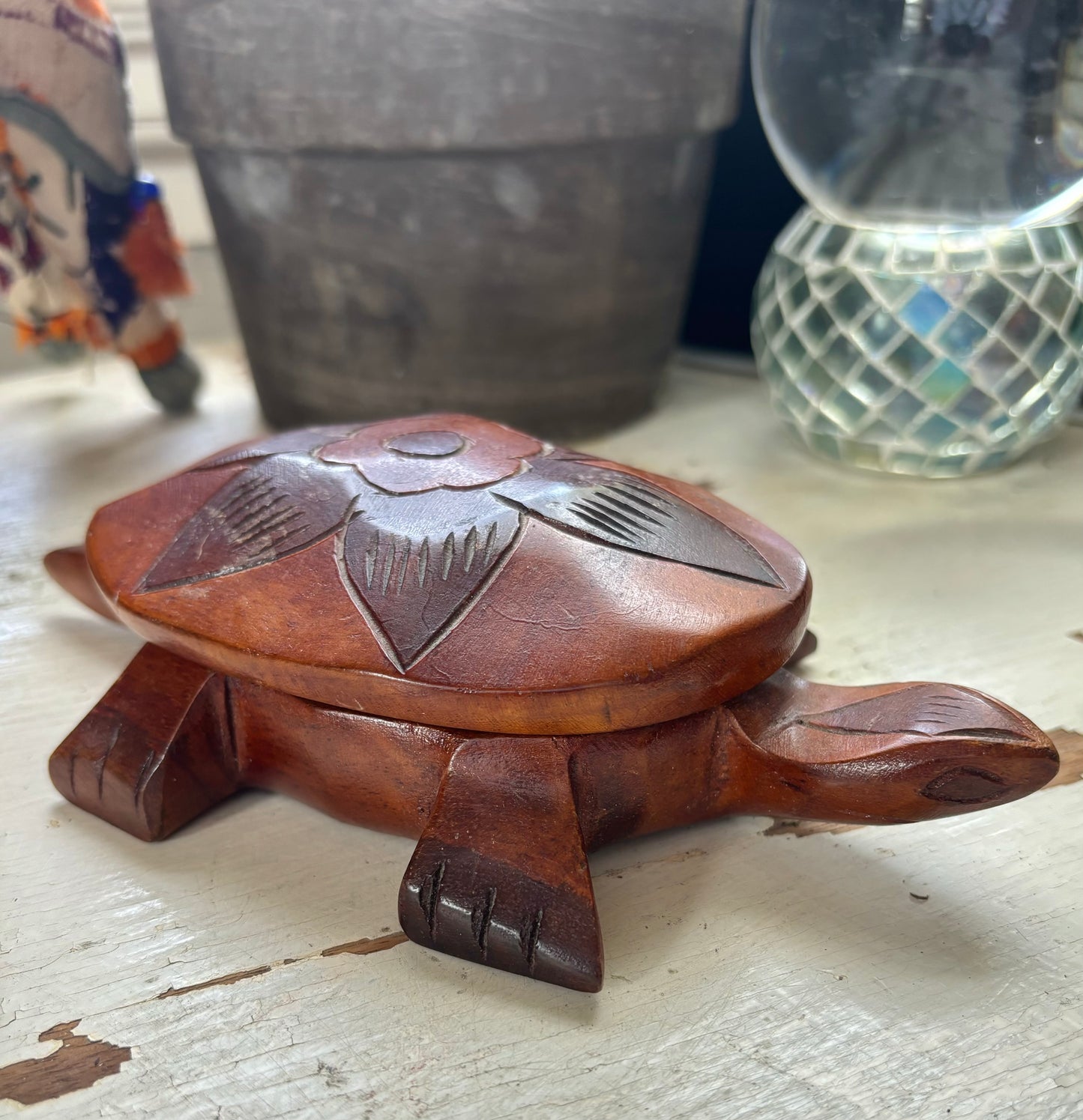 Vintage Hand Carved Wooden Sea Turtle Lotus Flower Trinket Dish with Cover LIMOGES FRANCE Collectable Iris floral trinket dish Tray