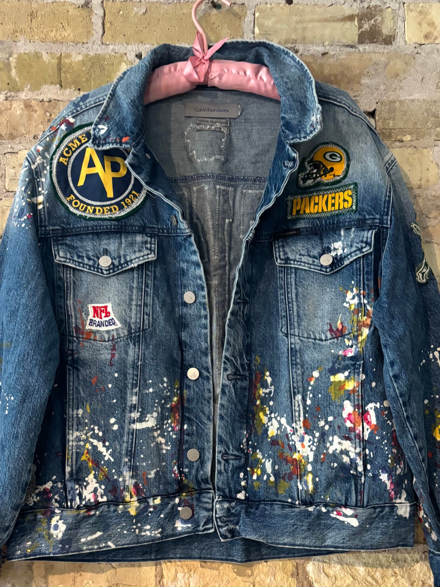 Retro Distressed Game Day Paint Splattered Denim Jean Jacket
