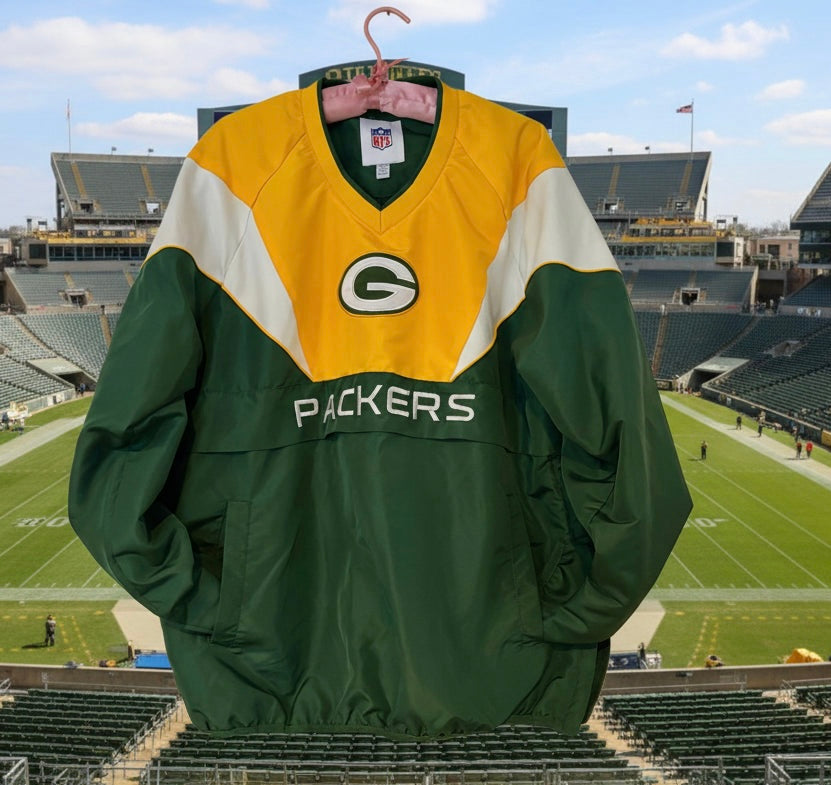 Retro 90’s Green Bay Packers Color Block V Neck Pullover Windbreaker