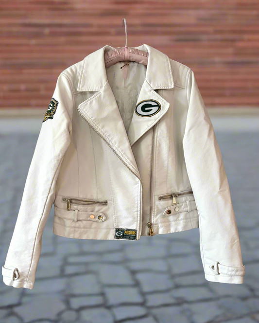 Reworked White Leather Moto Game Day Jacket
