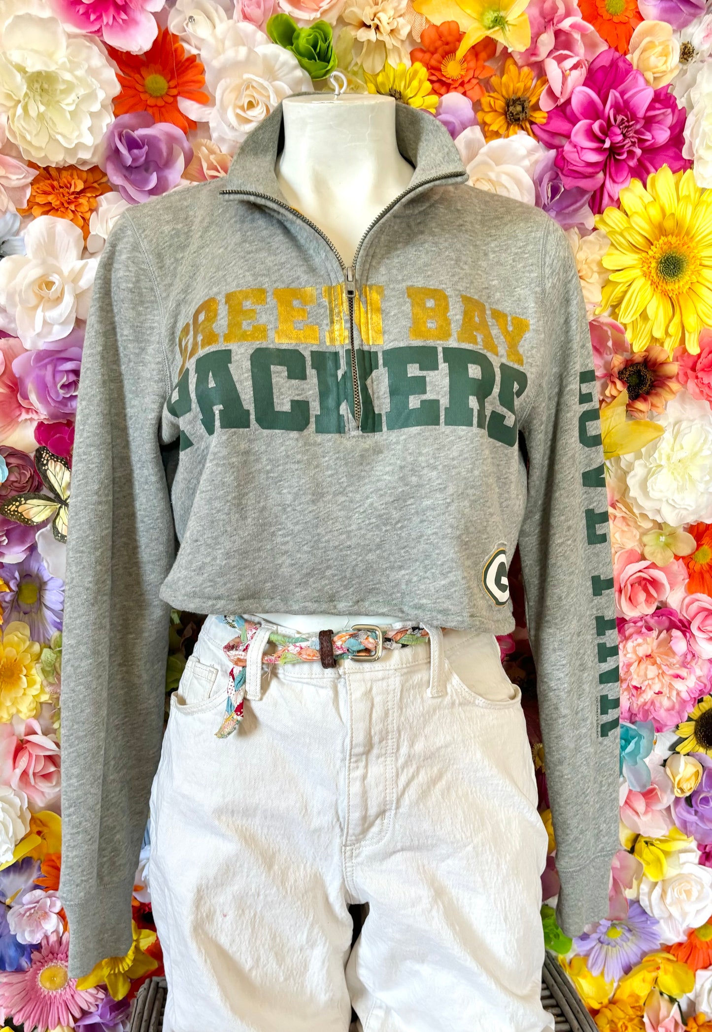 Reworked Retro Green Bay PACKERS VS PINK 1/4 Zip Cropped Pullover