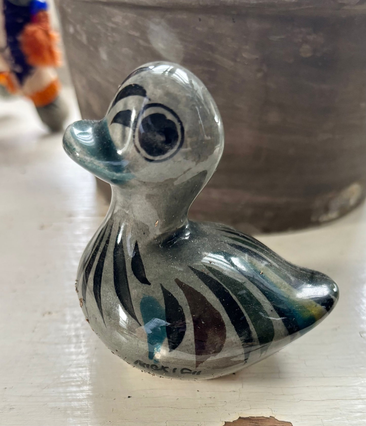 1970s Hand Painted Mexican Tonala Plant Pet Duck Figurine