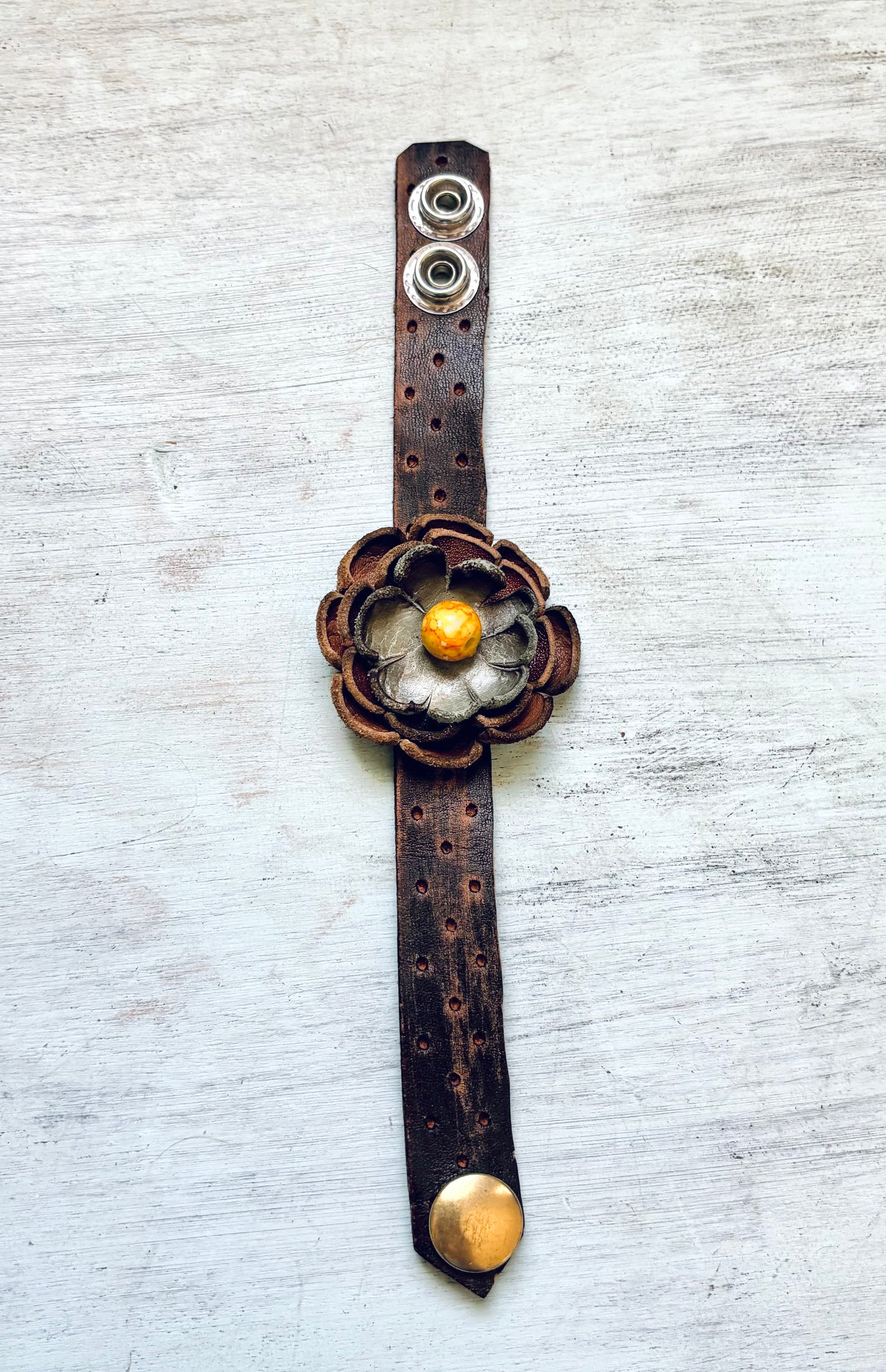 Handmade Distressed Leather Flower Bracelet