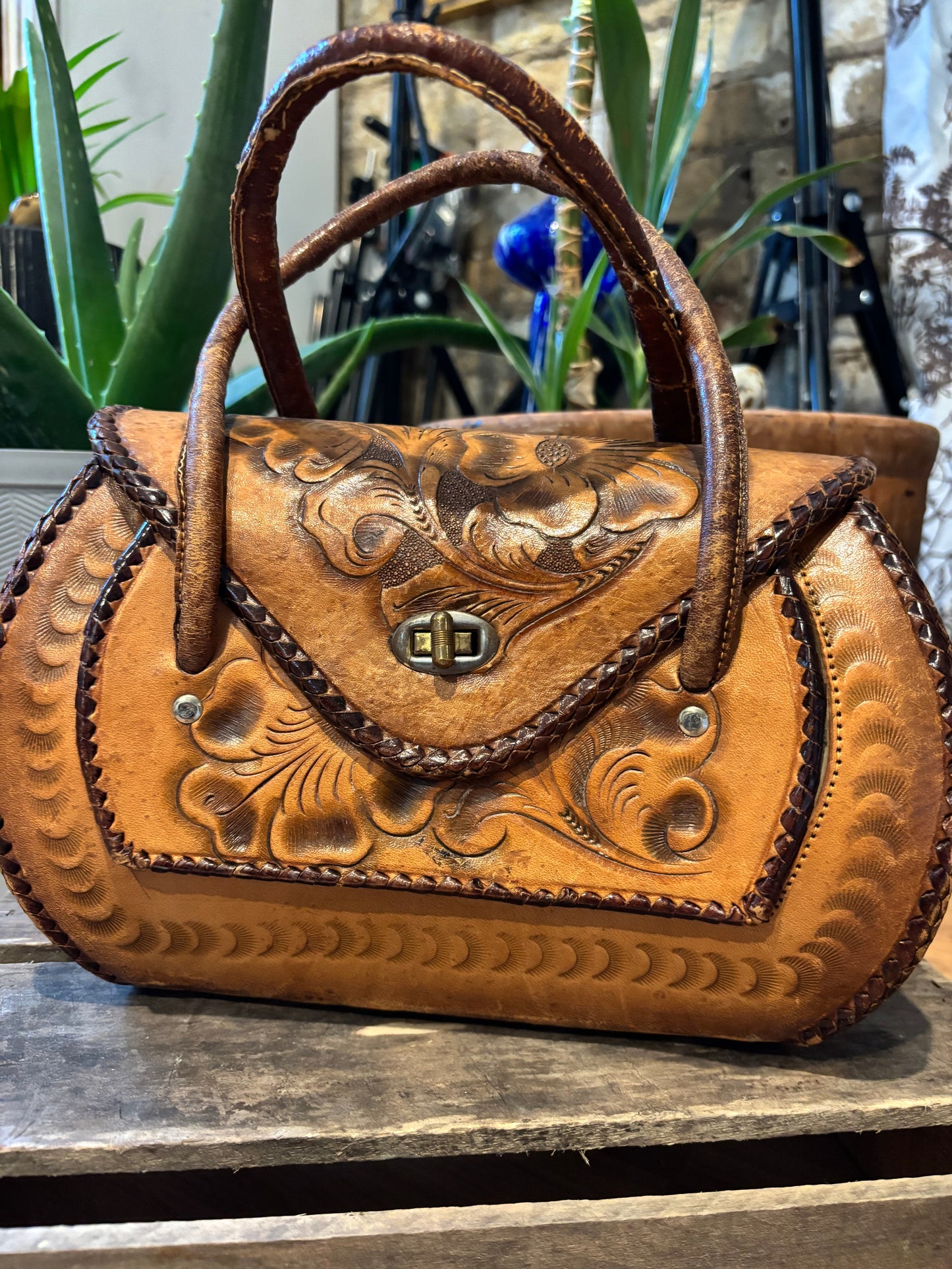 Vintage 70’s  Hand Tooled  leather   Boho Tote Bag