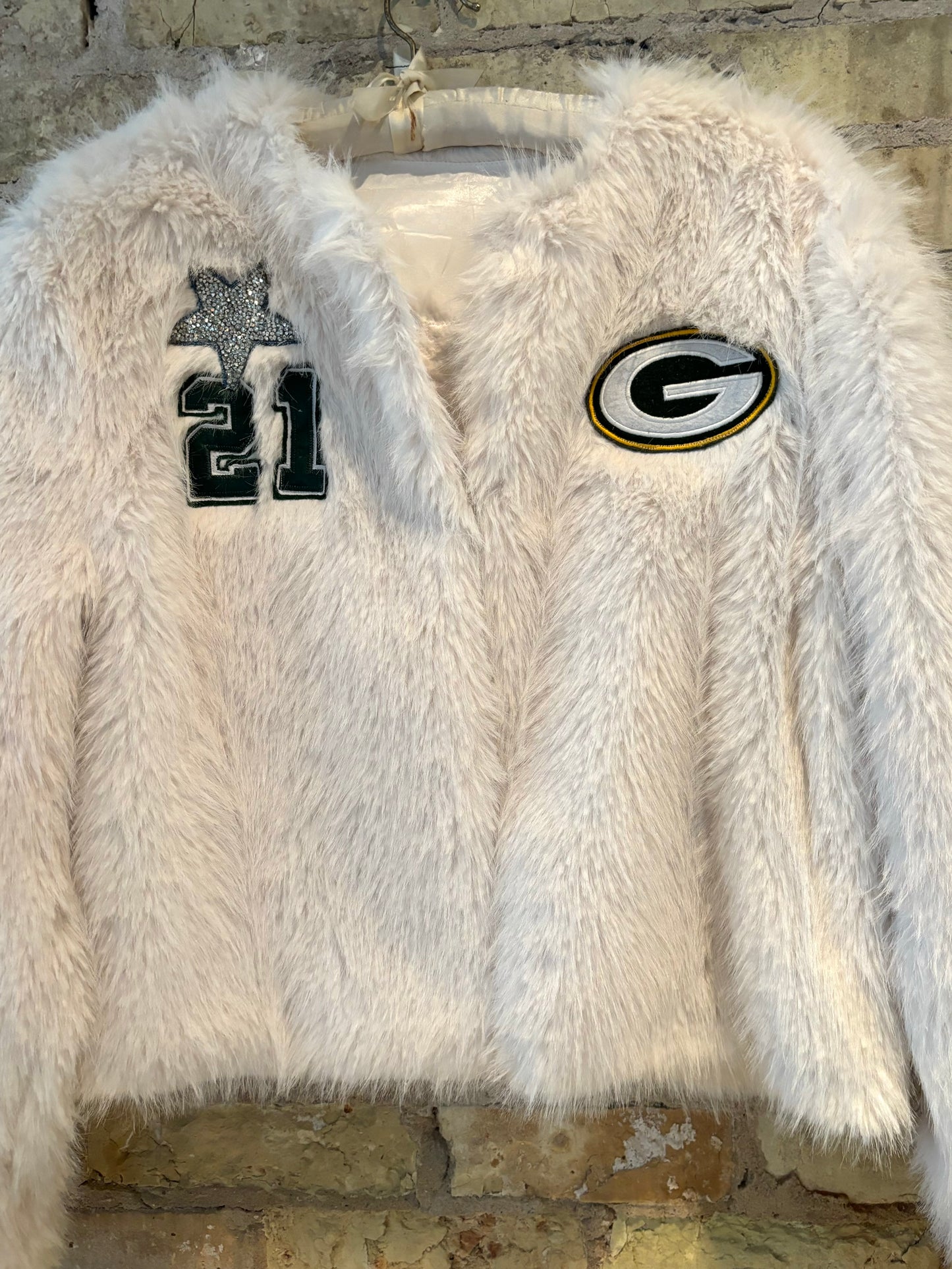 Reworked Shaggy Faux Fur Packers Game Day Jacket