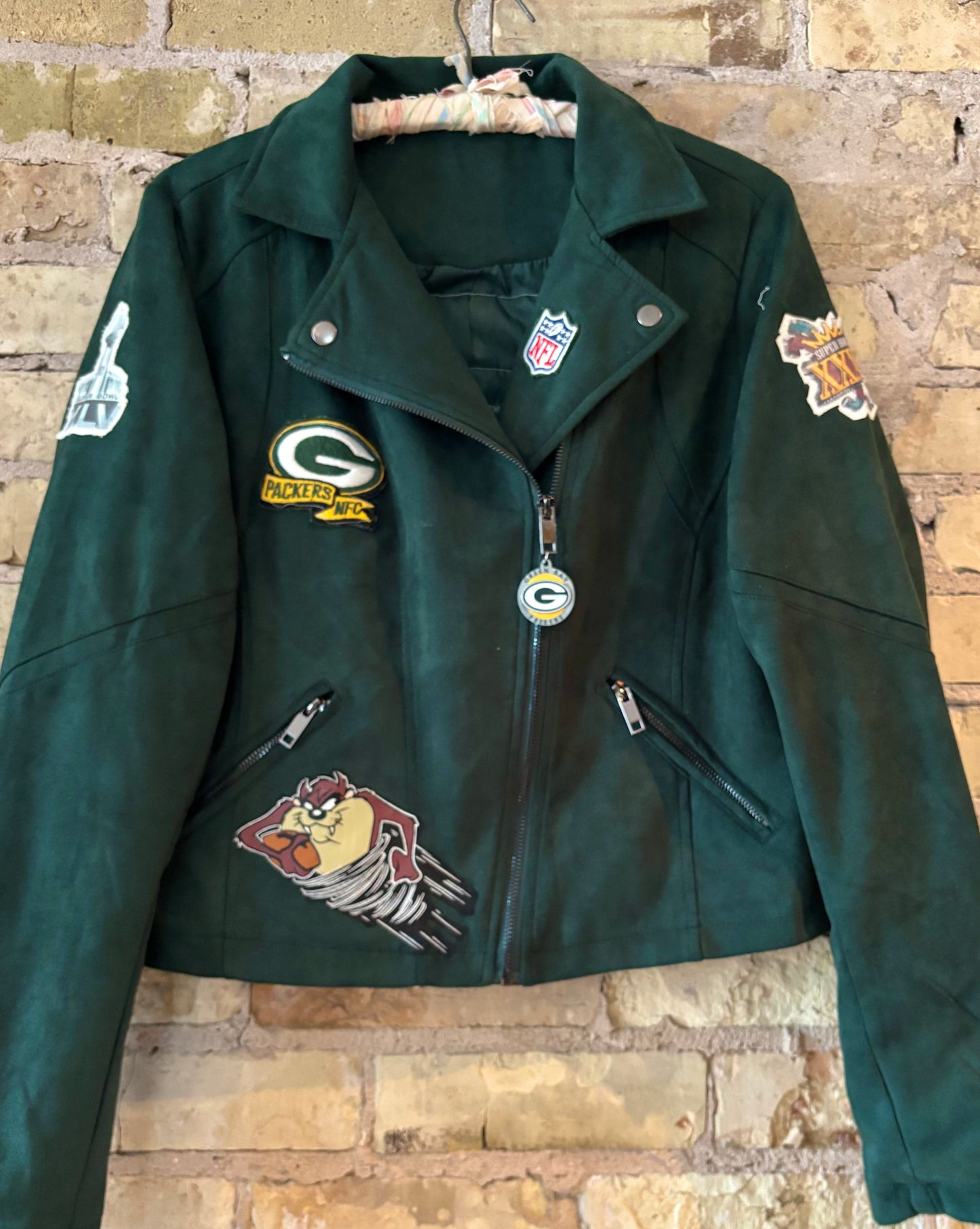 Reworked Green Moto Style velvet Packers Game Day Jacket