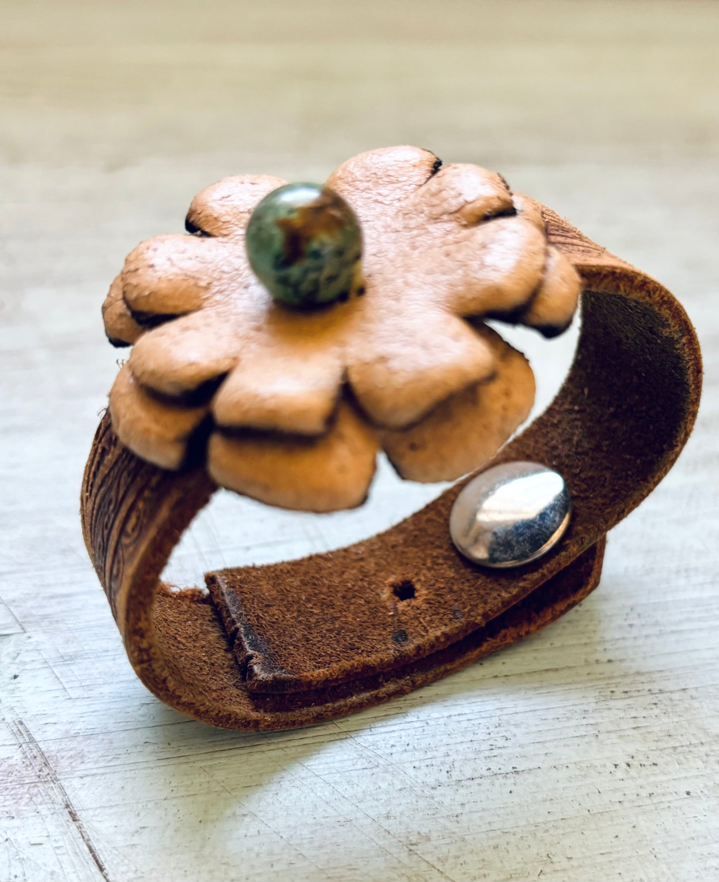 Handmade Reclaimed Leather Flower Bracelet