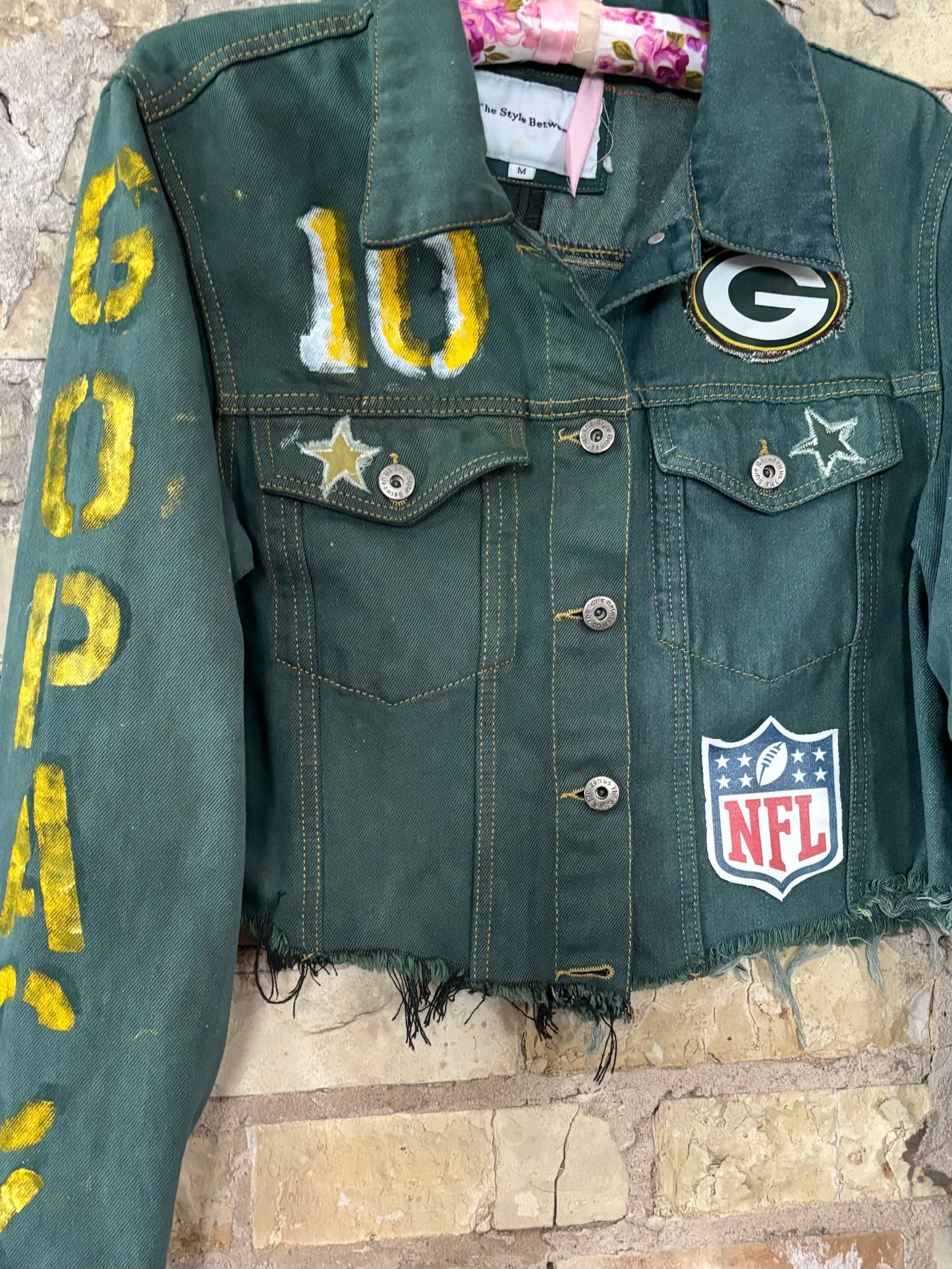 Reworked Spliced Denim Packers Game Day Jacket