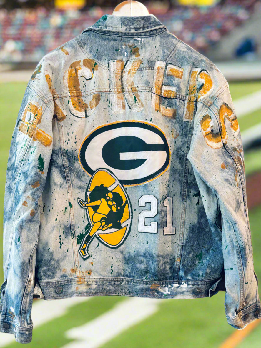 Reworked Vintage Distressed Stone Washed Game Day Trucker Denim Jean Jacket