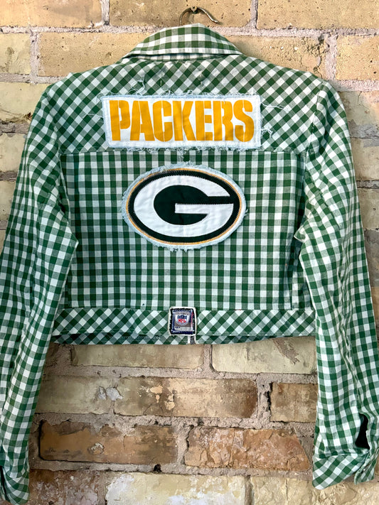 Reworked Retro Green Gingham Cropped Game Day Jacket