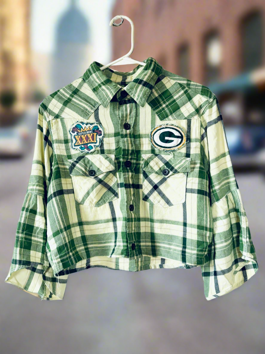 Reworked Packers cropped Game Day Flannel Shirt