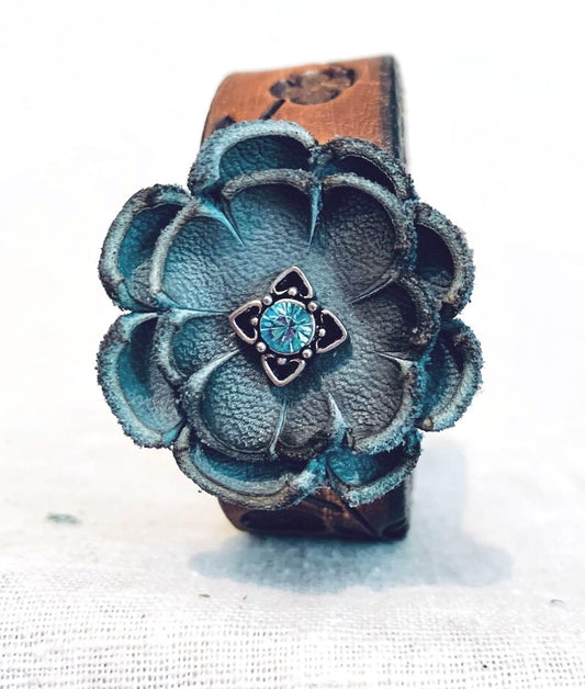 Hand Tooled Reclaimed Leather Flower Bracelet