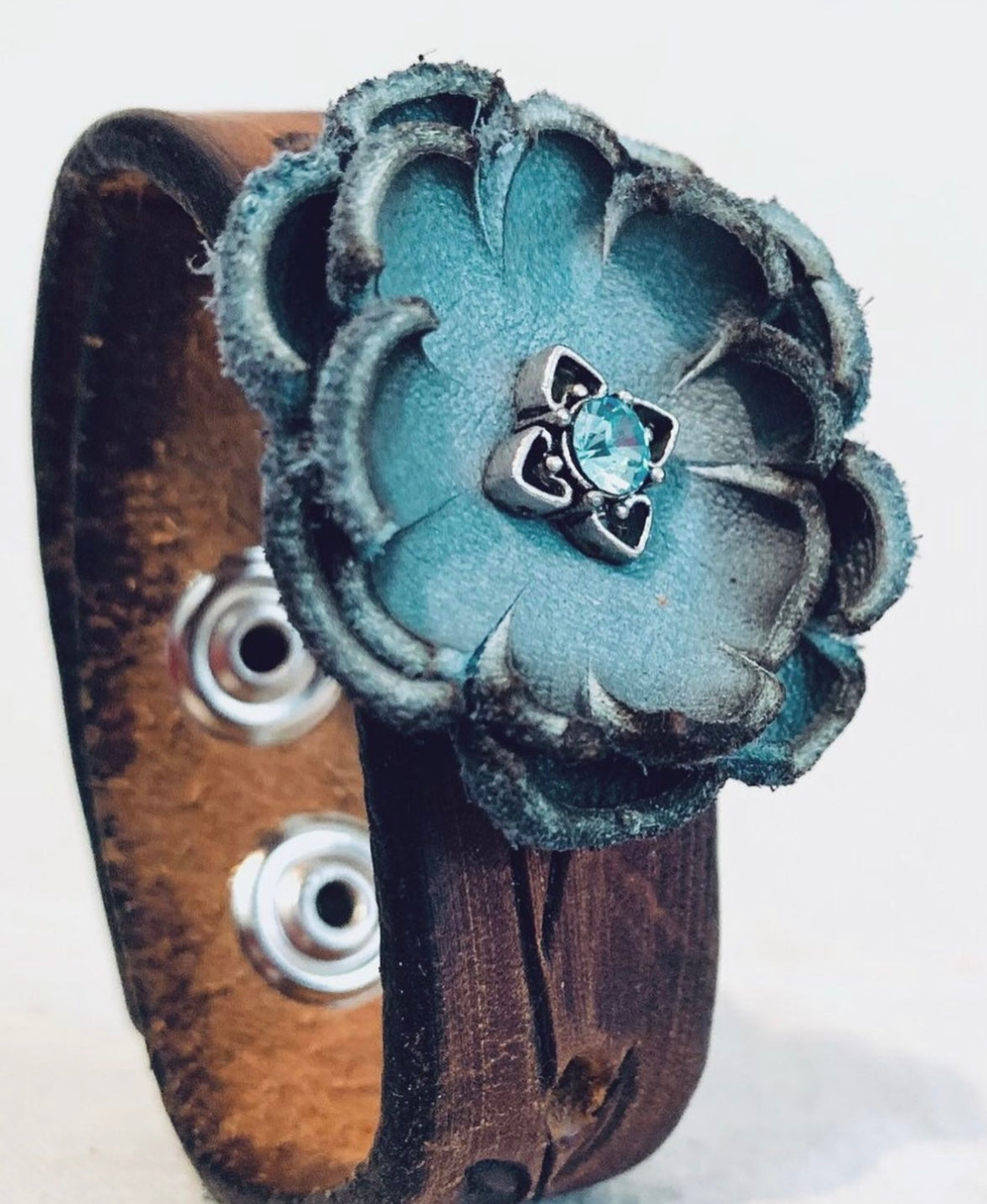 Hand Tooled Reclaimed Leather Flower Bracelet