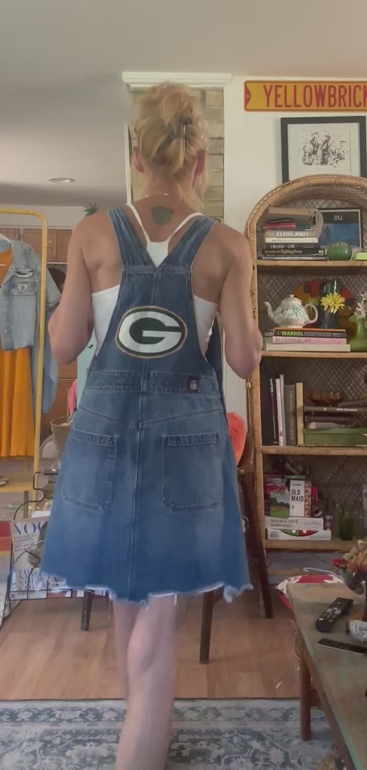 Reworked Distressed Denim GameDay Bib Overalls Dress